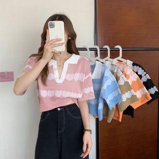 Short-sleeve Print Open Collar Top
