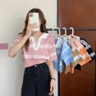 Short-sleeve Print Open Collar Top
