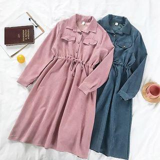 Long-sleeve Drawstring Waist Midi Shirtdress