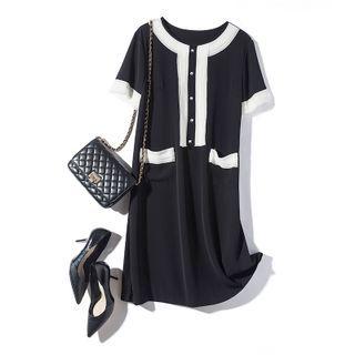 Short-sleeve Contrast Trim Midi Shift Dress
