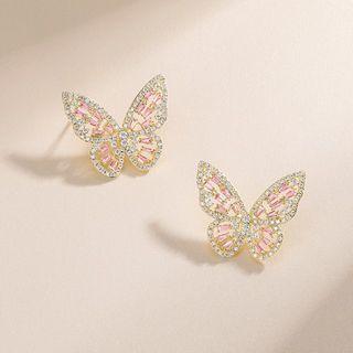 Butterfly Rhinestone Stud Earring 1 Pair - Gold & Pink - One Size