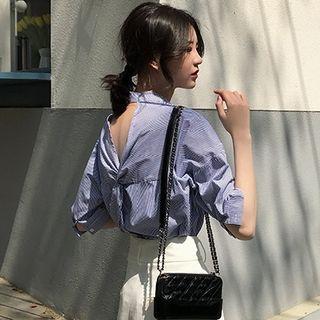 Elbow-sleeve Open Back Striped Shirt Blue - One Size