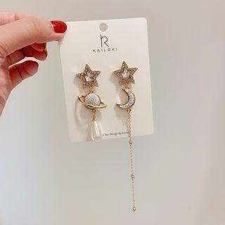 Non-matching Faux Pearl Moon & Star Dangle Earring 1 Pair - Gold - One Size