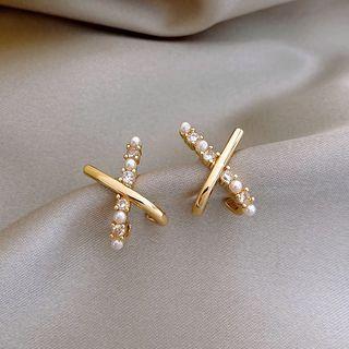 Rhinestone Cross Stud Earring 1 Pair - Silver Pin - Rhinestone - Silver - One Size