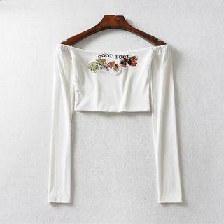 Embroidered Off-shoulder Long-sleeve Crop Top