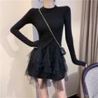 Long-sleeve Knit Panel Mini Mesh Dress Black - One Size