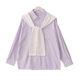 Two Tone Striped Oversize Button-up Shirt / Plaid Cape