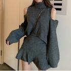 Cold-shoulder Sweater / Ruffle Hem Mini A-line Skirt