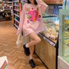 Long-sleeve Cartoon Print Oversized T-shirt Pink - One Size
