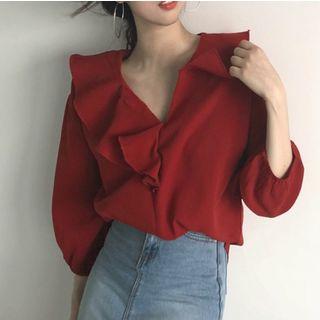 V-neck Ruffle Trim 3/4-sleeve Blouse