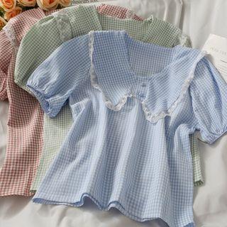 Lace-trim Peter Pan-collar Checker Top