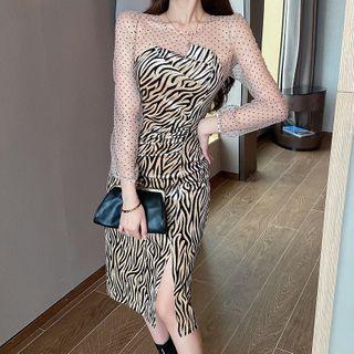 Long-sleeve Mesh Panel Zebra Print Midi Dress