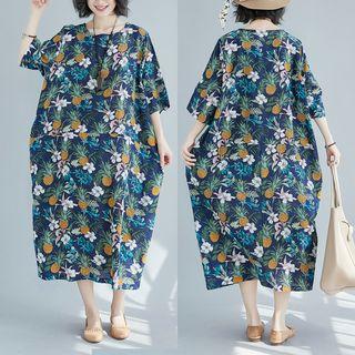 Pineapple Print 3/4-sleeve Midi Dress