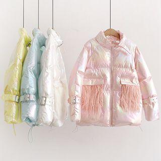 Stand Collar Fringed Belted Padded Jacket