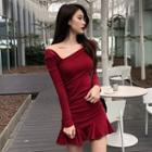 Skew Neckline Long-sleeve Godet Sheath Dress Wine Red - One Size