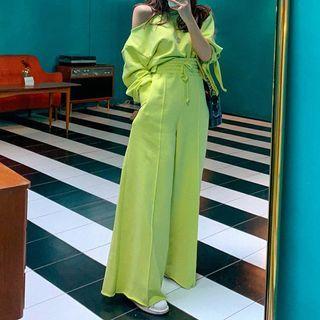 Set: One-shoulder Long-sleeve Top + Wide-leg Pants