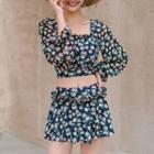 Set: Long-sleeve Floral Print Swim Top + Skirt