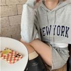 Long-sleeve Letter Cropped Hoodie Top - Gray - One Size