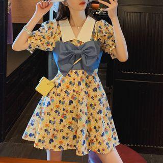 Floral Short-sleeve Mini A-line Dress / Bow Cropped Camisole Top