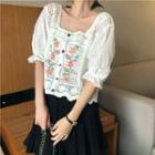 Puff-sleeve Flower Embroidered Crochet Lace Blouse