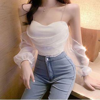 Rhinestone Cold-shoulder Cropped Blouse