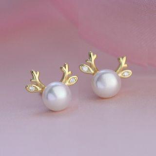 925 Sterling Silver Faux Pearl Deer Earring 1 Pair - Gold & White - One Size