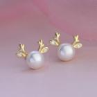 925 Sterling Silver Faux Pearl Deer Earring 1 Pair - Gold & White - One Size