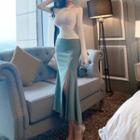 Long-sleeve Cold-shoulder T-shirt / Asymmetrical Midi Pencil Skirt