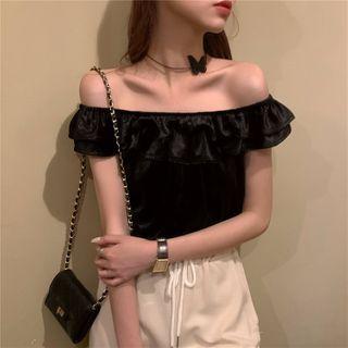 Plain Off-shoulder Flower Trim Top