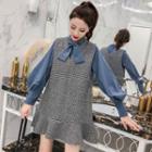 Bow Neck Blouse / Sleeveless A-line Dress / Set