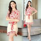 Set: Short-sleeve Heart Print Shirt + A-line Skirt