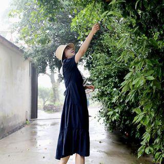 Pleated-collar Tie-waist Dress