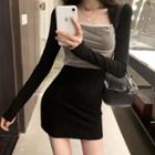 Long-sleeve Mesh Panel Mini Bodycon Dress Black - One Size