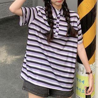 Elbow-sleeve Striped Polo Shirt Purple - One Size