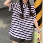 Elbow-sleeve Striped Polo Shirt Purple - One Size