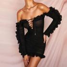 Long-sleeve Off Shoulder Frill Trim Dress