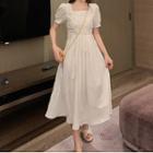 Puff Sleeve Lace Trim Square Neck Ruched A-line Dress