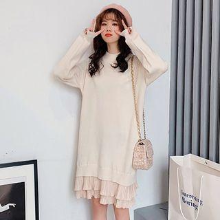 Long-sleeve Pleated Panel Mini Knit Dress