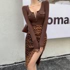 Plain T-shirt / Leopard Print Midi Pencil Skirt