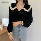 Collared Lace Trim Blouse Black - One Size