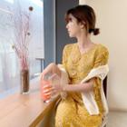 Drawstring-sleeve Shirred Long Floral Dress Dark Yellow - One Size