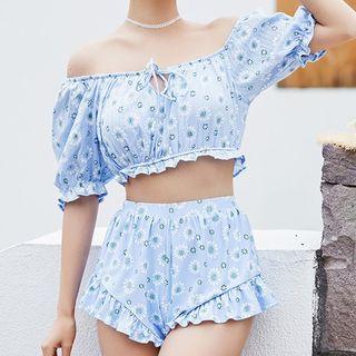 Set: Elbow-sleeve Floral Swim Top + Bottom + Shorts