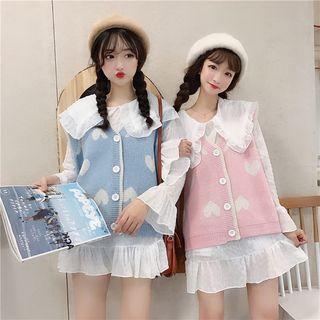 Bell-sleeve Shirt / Heart Print Button Knit Vest