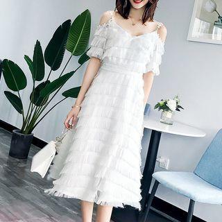 Short-sleeve Cold-shoulder Fringed Midi A-line Dress