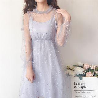 Set: Star Mesh Long-sleeve Dress + Spaghetti Strap Dress