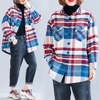 Plaid Woolen Medium Long Shirt Jacket Red - Plaid - F