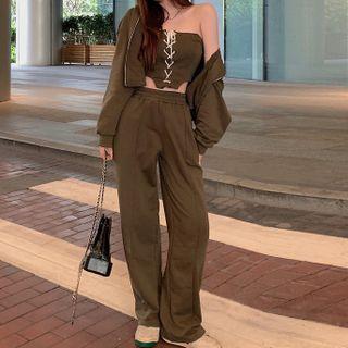 Hooded Zip Jacket / Lace Up Tube Top / Loose Fit Pants