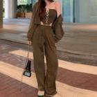 Hooded Zip Jacket / Lace Up Tube Top / Loose Fit Pants
