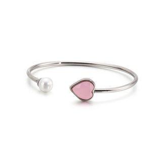 Fashion Simple Heart-shaped Pink Cubic Zirconia Imitation Pearl 316l Stainless Steel Bangle Silver - One Size