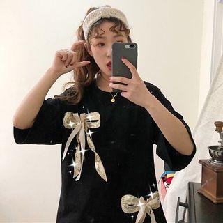Elbow-sleeve Sequin Bow T-shirt